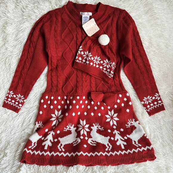 Girls LOVE TO BE LOVED Christmas Sweater Dress & Hat! Size 12 Cute NWT - Picture 2 of 5